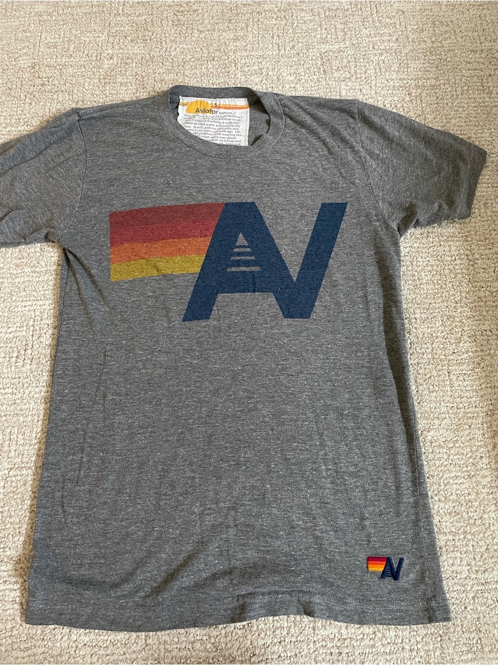 Aviator Nation Gray T-Shirt with Navy Logo and Red-Orange-Yellow Stripe